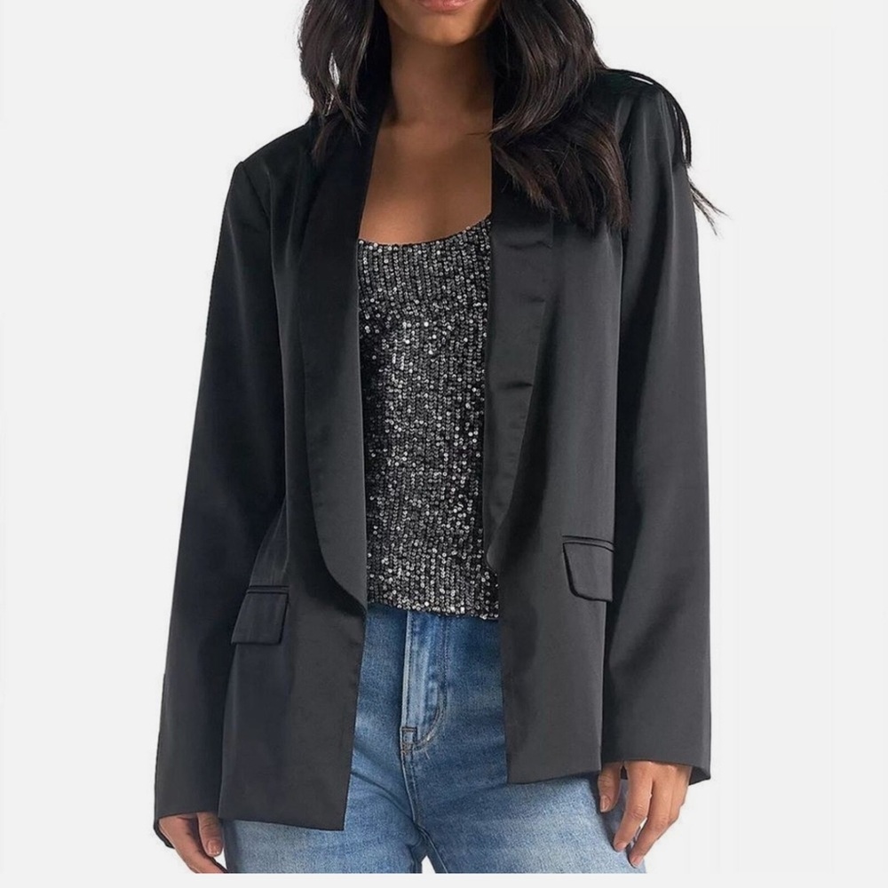 Classic Black Satin Lapel Blazer